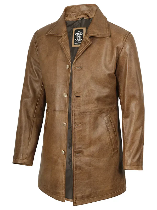 Winchester Men's Camel Brown 3/4 Length Leather Car Coat - Image 3