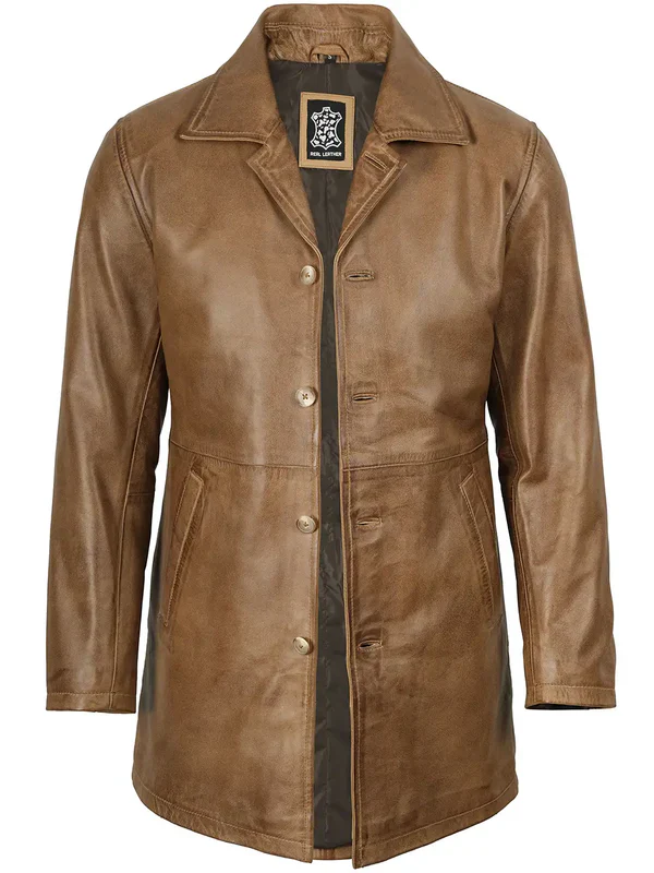 Winchester Men's Camel Brown 3/4 Length Leather Car Coat - Image 2