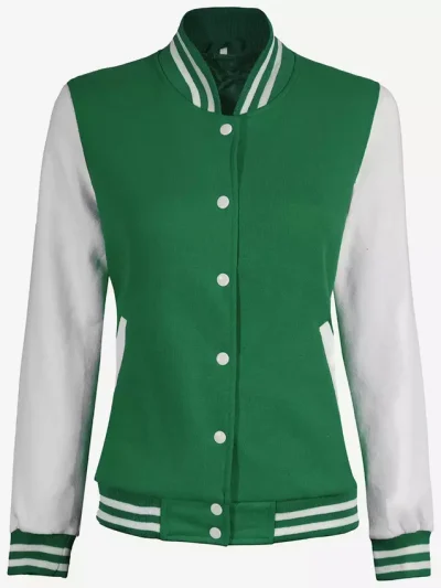 Women's Green and White Letterman Jacket - Baseball Bomber Style