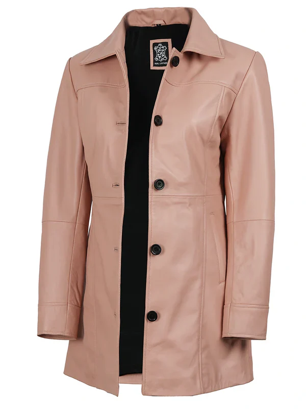 Kandis Women Pink Real Leather Car Coat - Image 3