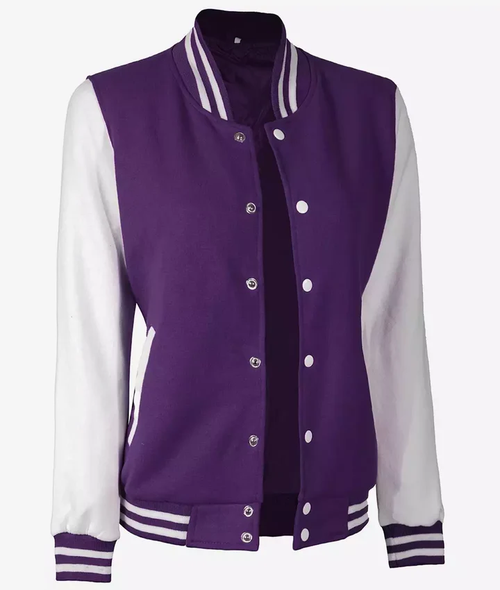 Women's Purple and White Varsity Letterman Style Baseball Jacket - Image 2