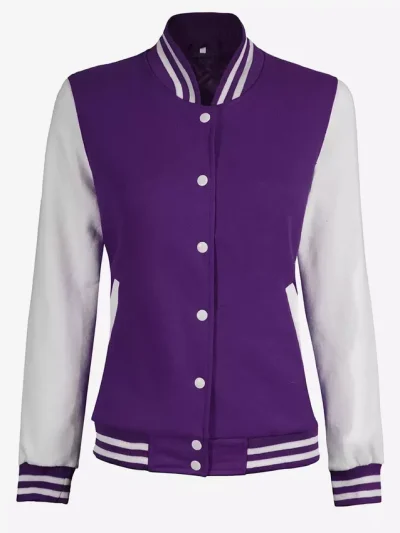 Women's Purple and White Varsity Letterman Style Baseball Jacket