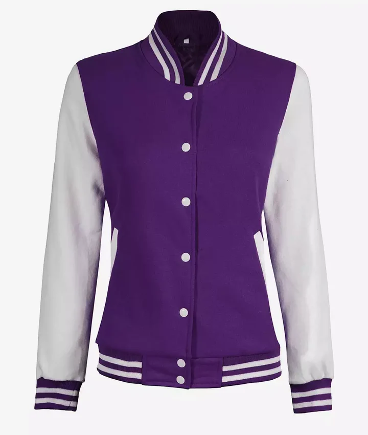 Women's Purple and White Varsity Letterman Style Baseball Jacket