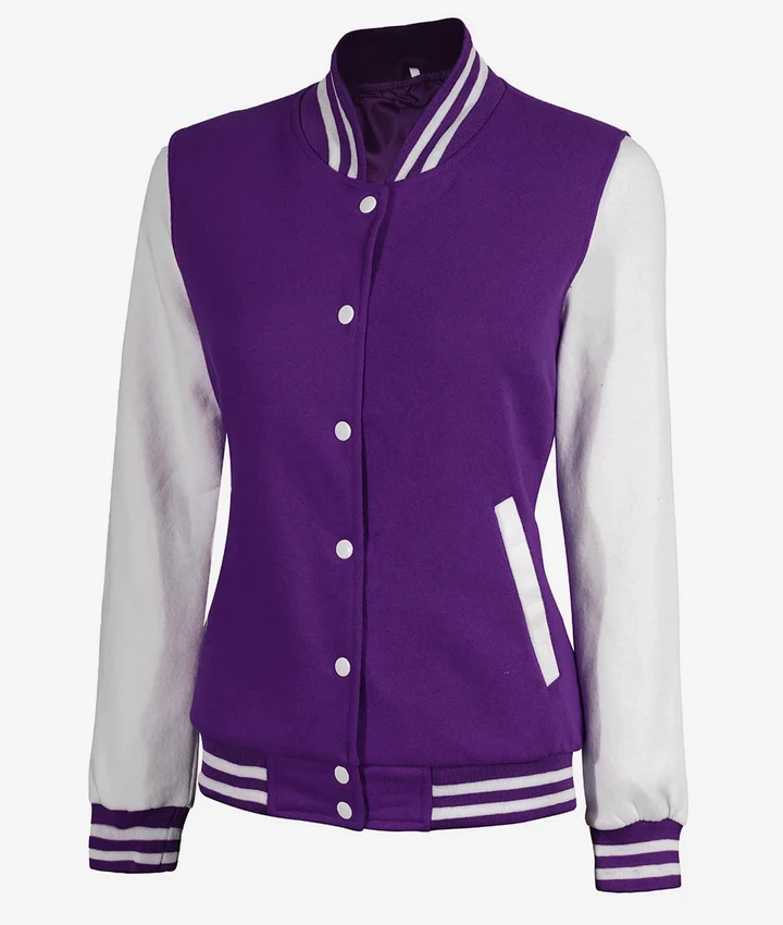 Women's Purple and White Varsity Letterman Style Baseball Jacket - Image 3