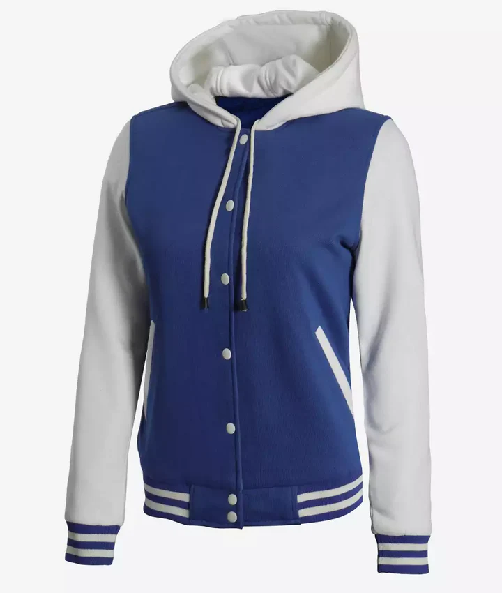 Women's Royal Blue and White Hooded Letterman Jacket - Image 2