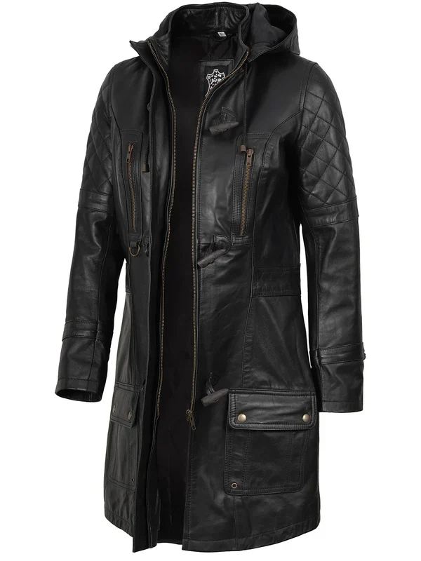 Women’s Black 3/4 Length Leather Coat With Hood - Image 5