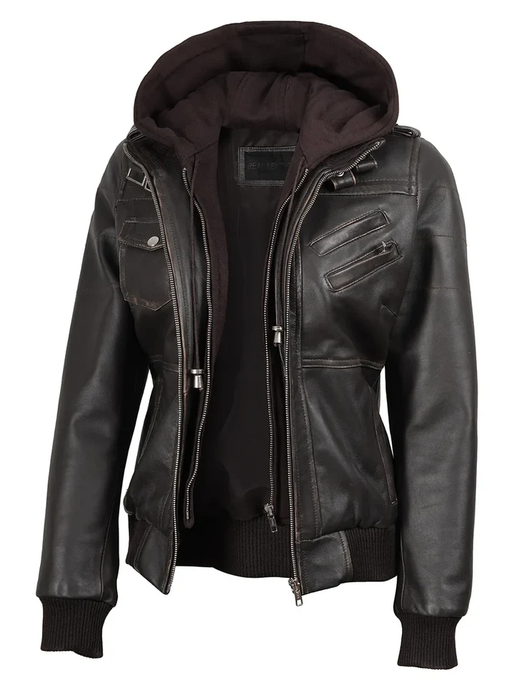 Women's Dark Brown Rub Off Leather Jacket with Removable Hood - Image 6