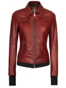 Tralee Women's Maroon Bomber Leather Jacket with Hood