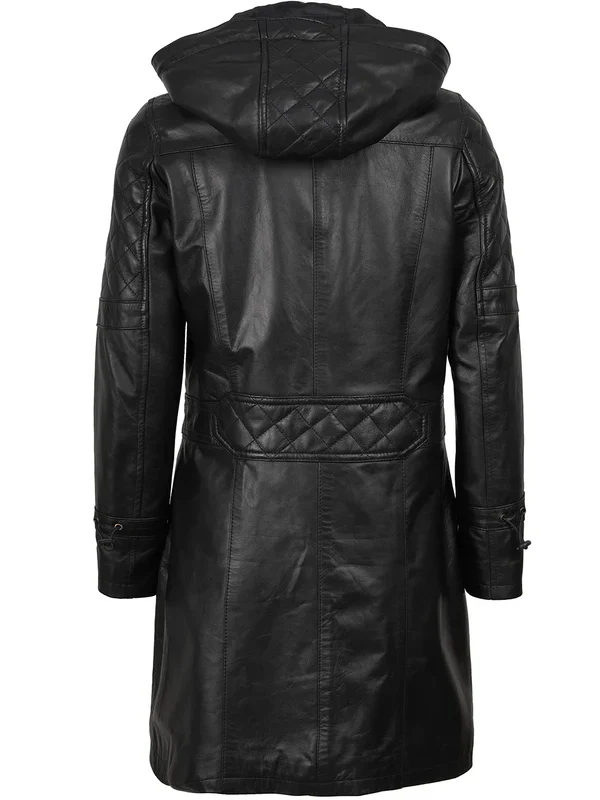Women’s Black 3/4 Length Leather Coat With Hood - Image 6