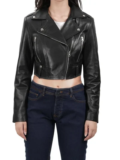 Colleen Women’s Cropped Black Biker Style Leather Jacket