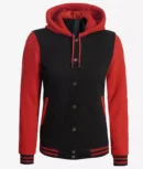 Women's Black and Red Hooded Varsity Jacket - Baseball Style
