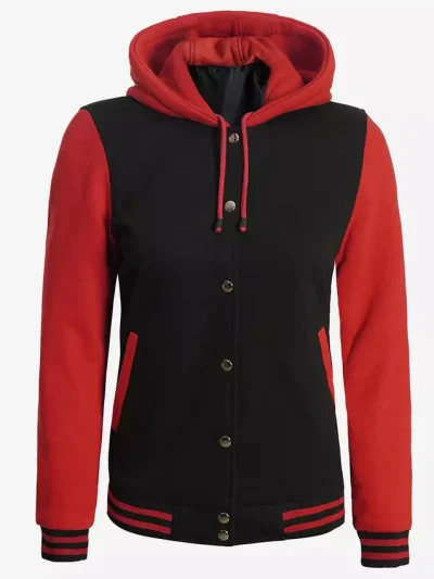 Women's Black and Red Hooded Varsity Jacket - Baseball Style