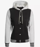 Women's Black and White Hooded Varsity Jacket - Letterman Style