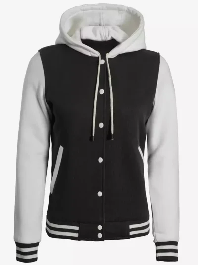 Women's Black and White Hooded Varsity Jacket - Letterman Style