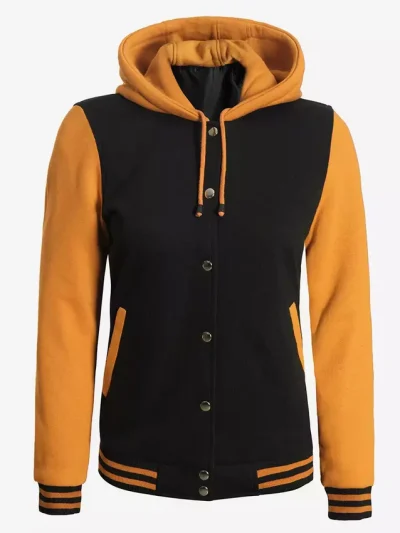 Women’s Black and Yellow Varsity Jacket – Hooded Letterman Bomber