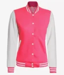 Women's Pink and White Varsity Baseball Jacket - Bomber Style
