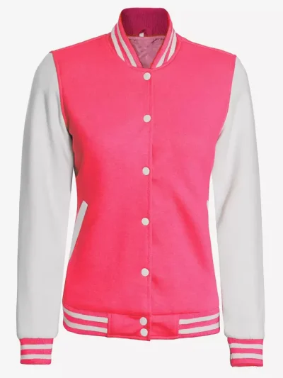 Women's Pink and White Varsity Baseball Jacket - Bomber Style