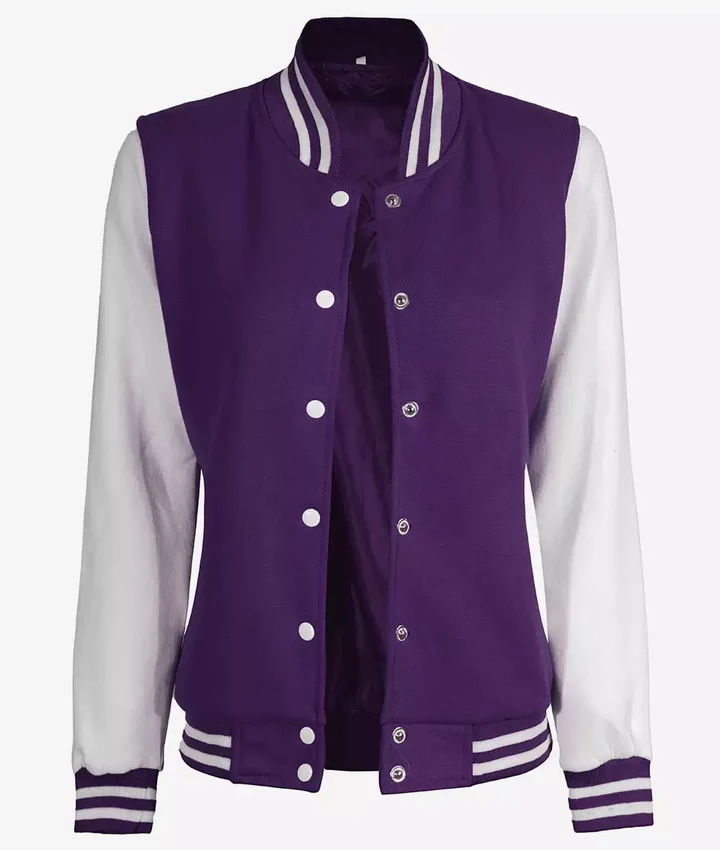 Women's Purple and White Varsity Letterman Style Baseball Jacket - Image 4