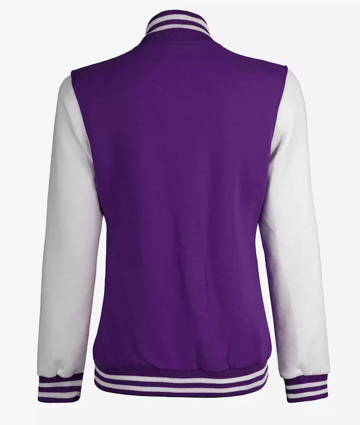 Women's Purple and White Varsity Letterman Style Baseball Jacket - Image 7