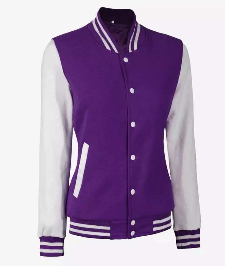 Women's Purple and White Varsity Letterman Style Baseball Jacket - Image 6
