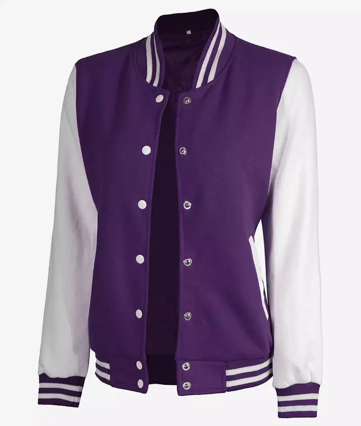 Women's Purple and White Varsity Letterman Style Baseball Jacket - Image 5