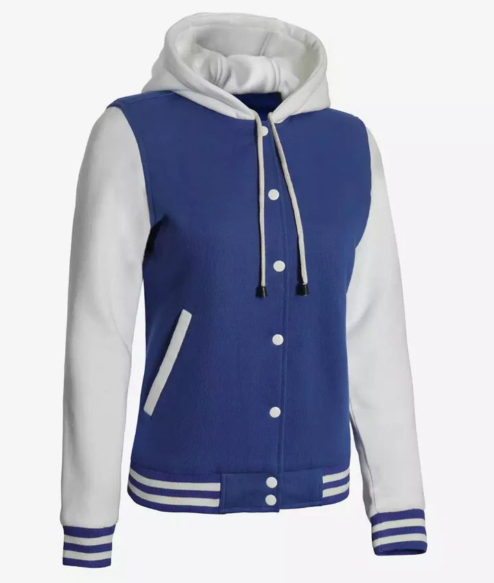 Women's Royal Blue and White Hooded Letterman Jacket - Image 5
