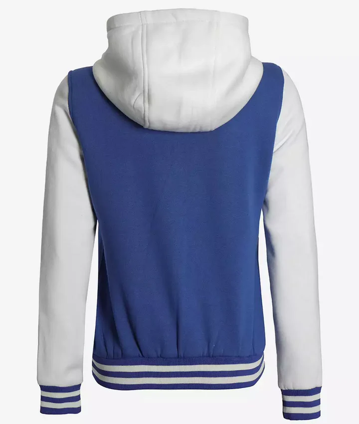 Women's Royal Blue and White Hooded Letterman Jacket - Image 7