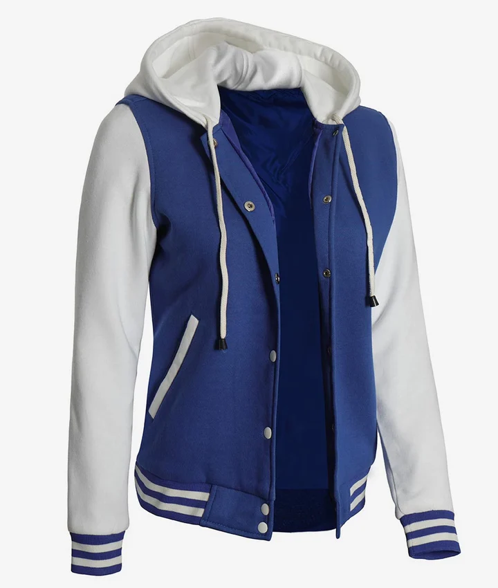 Women's Royal Blue and White Hooded Letterman Jacket - Image 6