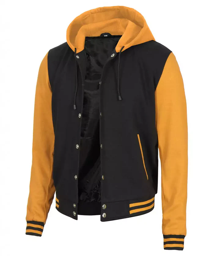 Mens Yellow Black Varsity Jacket with Hood - College Letterman - Image 3