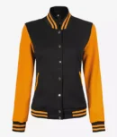 Women’s Black and Yellow Letterman Jacket – Baseball Style Varsity Bomber