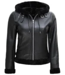 Womens Black Leather Hooded Shearling Jacket