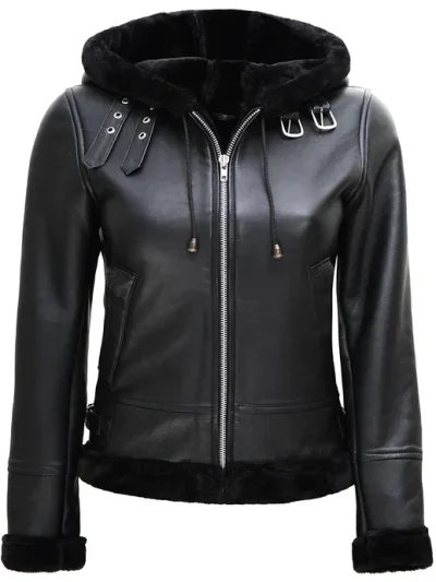 Womens Black Leather Hooded Shearling Jacket