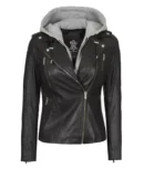 Womens Black Leather Biker Style Jacket With Removable Hood