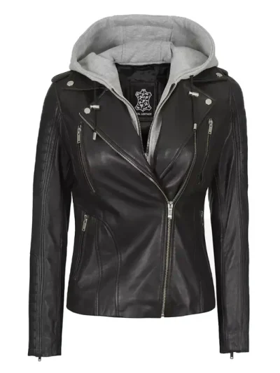 Womens Black Leather Biker Style Jacket With Removable Hood