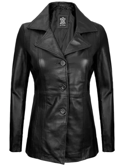 Womens Black Leather Blazer with Three Button