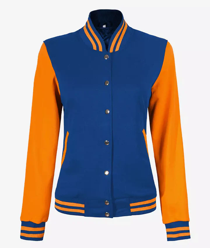 Women’s Yellow and Royal Blue Varsity Jacket – Baseball Style Bomber
