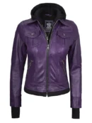 Women's Purple Leather Jacket with Removable Hood