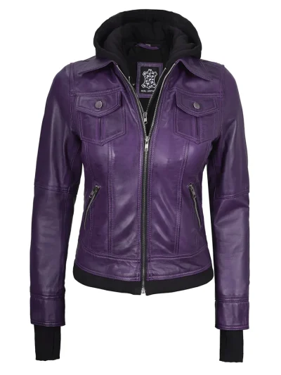 Women's Purple Leather Jacket with Removable Hood