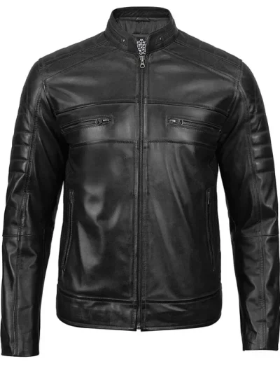 Austin Mens Black Cafe Racer Real Leather Jacket