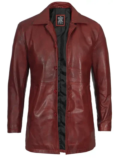 Mens Burgundy Real Lambskin Leather Car Coat