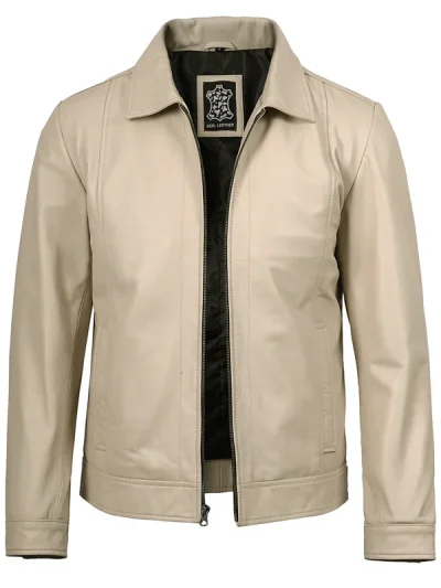 Men's Beige Real Leather Harrington Jacket
