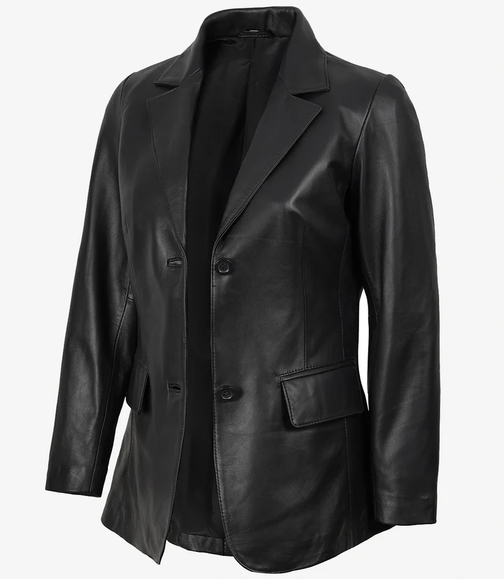 Shannon Women's Two Button Black Leather Blazer - Image 3