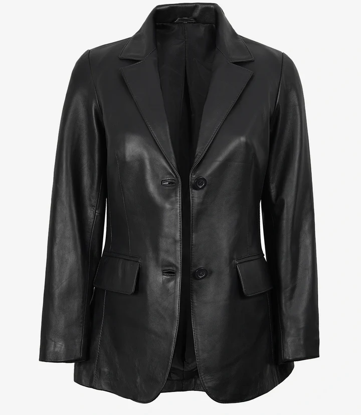 Shannon Women's Two Button Black Leather Blazer - Image 5