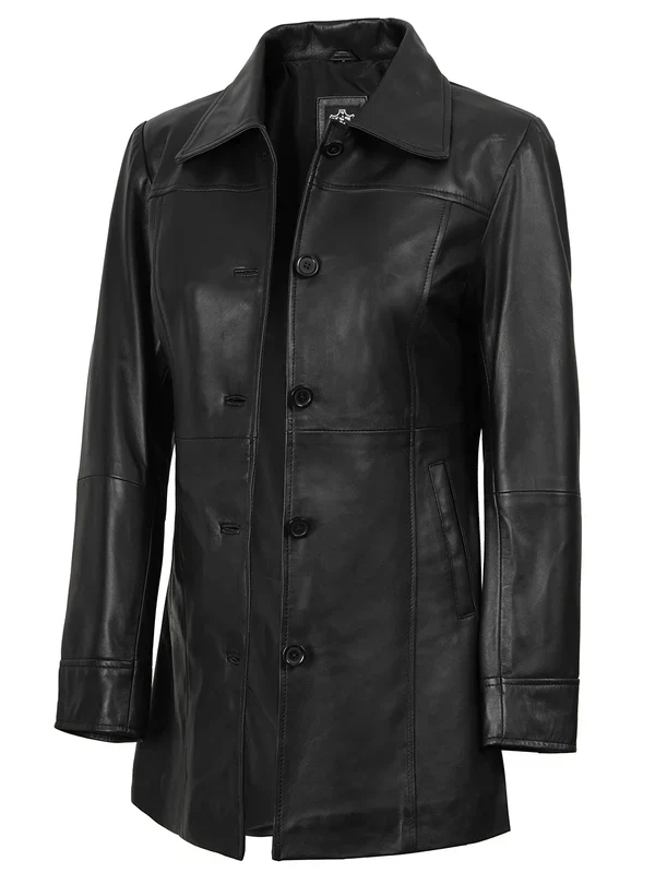 Kandis Womens Black 3/4 Length Leather Car Coat - Image 3
