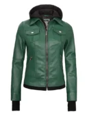 Tralee Women's Green Real Leather Jacket with Hood