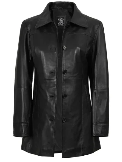 Kandis Womens Black 3/4 Length Leather Car Coat