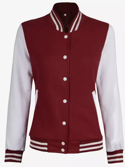 Womens Maroon Varsity Jacket with White Sleeves - Baseball Style Jacket