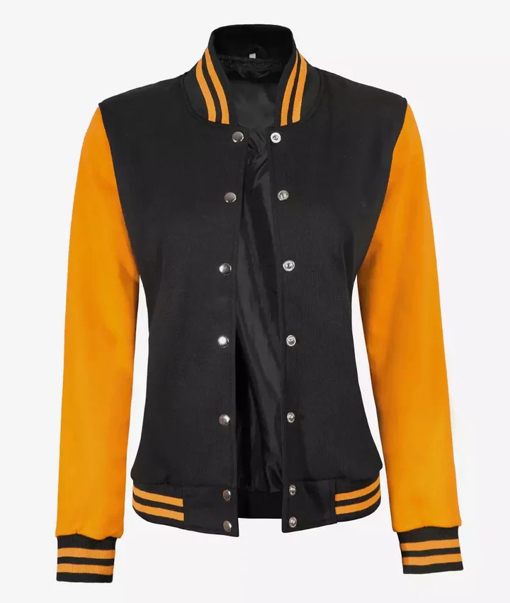 Women’s Black and Yellow Letterman Jacket – Baseball Style Varsity Bomber - Image 2